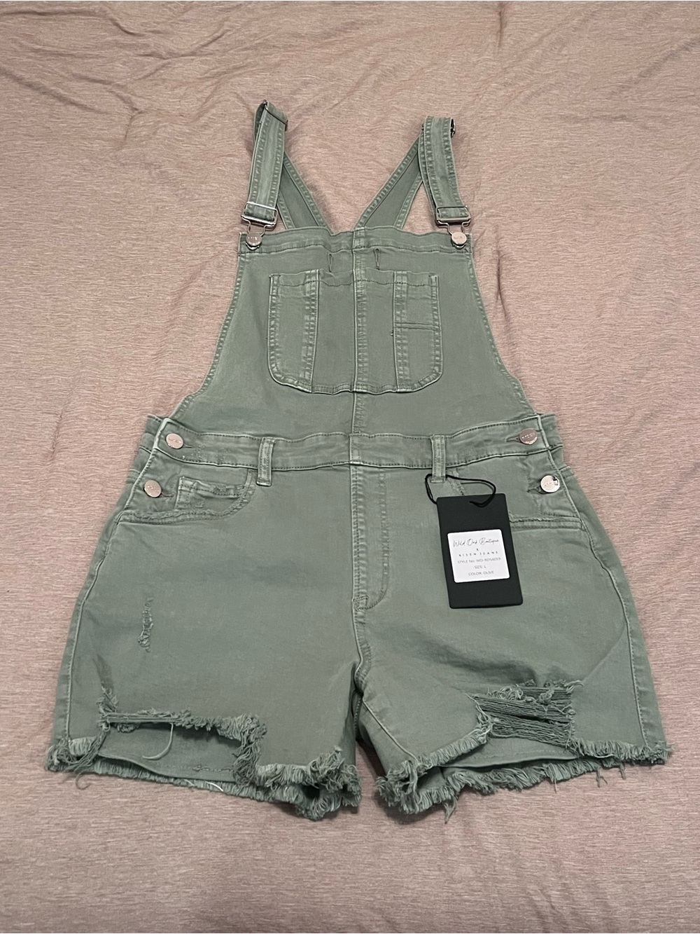 Women's Olive Green Denim Short Overalls with Distressed Hem